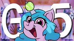 Size: 1280x720 | Tagged: safe, artist:fraciss, derpibooru import, izzy moonbow, spoiler:g5, ball, g5, image, izzy's tennis ball, jpeg, looking at you, open mouth, solo, tennis ball