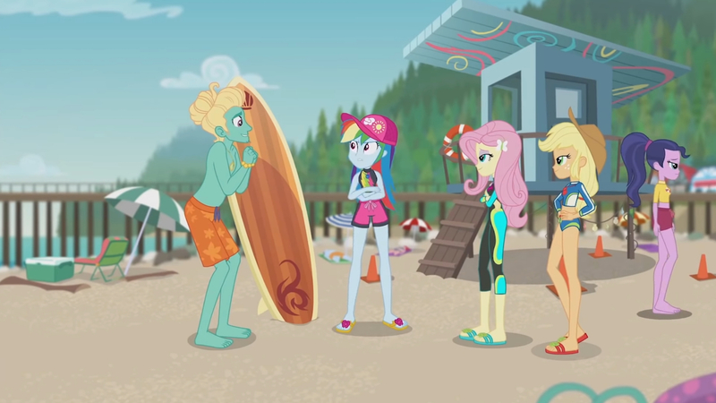 Size: 3410x1920 | Tagged: safe, derpibooru import, screencap, applejack, fluttershy, gladys, rainbow dash, zephyr breeze, blue crushed, equestria girls, equestria girls series, applejack's hat, barefoot, beach, cap, clothes, cowboy hat, crossed arms, feet, female, geode of fauna, geode of super speed, geode of super strength, hand on hip, hat, high res, image, jewelry, jpeg, magical geodes, male, midriff, necklace, sandals, smiling, surfboard, swimsuit