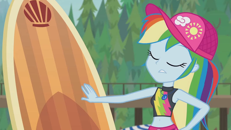 Size: 3410x1920 | Tagged: safe, derpibooru import, screencap, gladys, rainbow dash, blue crushed, equestria girls, equestria girls series, beach, belly button, cap, eyes closed, female, geode of super speed, hat, high res, image, jewelry, jpeg, magical geodes, necklace, solo, surfboard