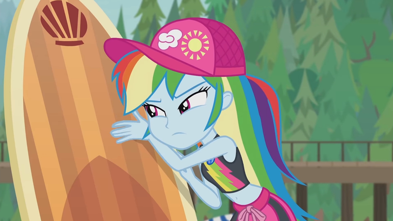 Size: 3410x1920 | Tagged: safe, derpibooru import, screencap, gladys, rainbow dash, blue crushed, equestria girls, equestria girls series, beach, belly button, cap, female, geode of super speed, hat, high res, image, jewelry, jpeg, magical geodes, necklace, solo, surfboard