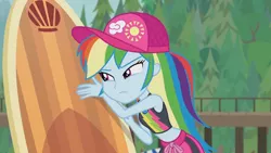 Size: 3410x1920 | Tagged: safe, derpibooru import, screencap, gladys, rainbow dash, blue crushed, equestria girls, equestria girls series, beach, belly button, cap, female, geode of super speed, hat, high res, image, jewelry, jpeg, magical geodes, necklace, solo, surfboard