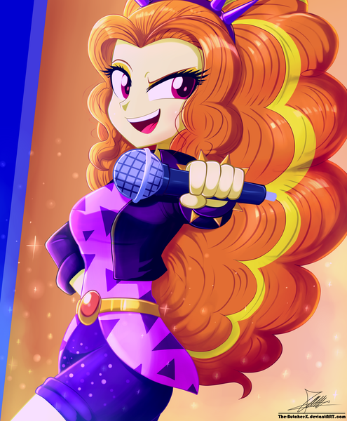 Size: 1784x2163 | Tagged: safe, artist:the-butch-x, derpibooru import, adagio dazzle, equestria girls, breasts, image, looking at you, microphone, music festival outfit, open mouth, png, redraw