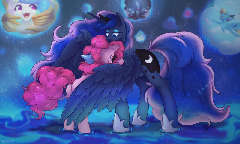 Size: 1280x768 | Tagged: safe, artist:blueomlette, derpibooru import, pinkie pie, princess celestia, princess luna, rainbow dash, rarity, alicorn, anthro, earth pony, pegasus, unicorn, bedroom eyes, butt, commission, crown, digital art, eyes closed, horn, hug, image, jewelry, jpeg, plot, rear view, regalia, spread wings, tail, wings, ych result