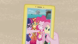 Size: 3410x1920 | Tagged: safe, derpibooru import, screencap, fluttershy, pinkie pie, sci-twi, sunset shimmer, twilight sparkle, equestria girls, equestria girls series, unsolved selfie mysteries, clothes, cute, diapinkes, eyes closed, female, geode of empathy, geode of sugar bombs, glasses, grin, high res, image, jewelry, jpeg, magical geodes, mobile phone, necklace, one eye closed, one-piece swimsuit, phone, ponytail, shimmerbetes, shyabetes, smartphone, smiling, swimsuit, twiabetes