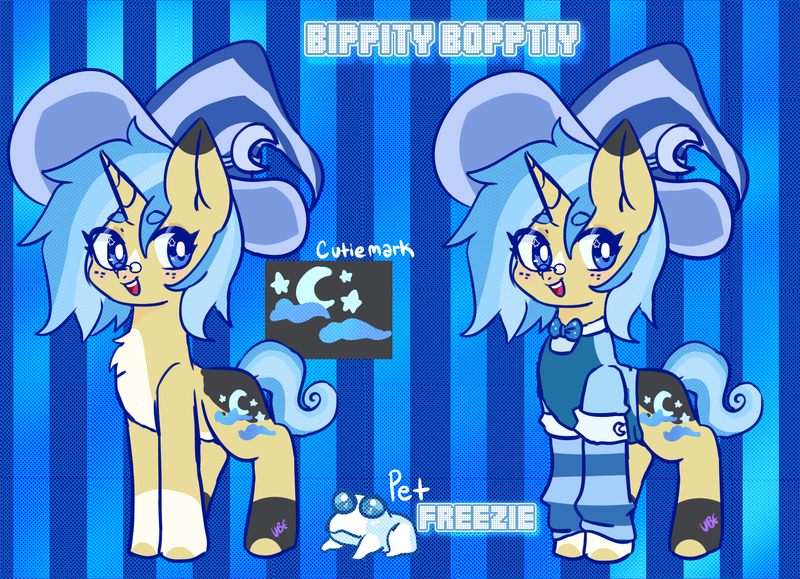 Size: 1857x1343 | Tagged: safe, artist:ube, artist:ubebreb, derpibooru import, oc, oc:bippity boppity, unicorn, clothes, cutie mark, hat, horn, image, mage, magic, magician outfit, png, reference, reference sheet, unicorn oc, witch hat, wizard