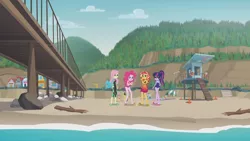 Size: 3410x1920 | Tagged: safe, derpibooru import, screencap, fluttershy, pinkie pie, sci-twi, sunset shimmer, timber spruce, twilight sparkle, equestria girls, equestria girls series, unsolved selfie mysteries, beach, clothes, female, geode of fauna, geode of sugar bombs, glasses, hairpin, high res, image, jewelry, jpeg, magical geodes, male, mobile phone, necklace, one-piece swimsuit, open mouth, phone, ponytail, sandals, smartphone, swimsuit