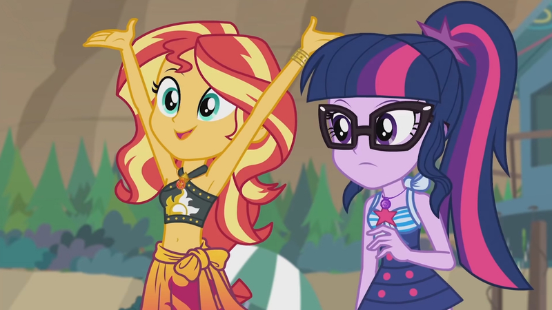 Size: 3410x1920 | Tagged: safe, derpibooru import, screencap, sci-twi, sunset shimmer, twilight sparkle, equestria girls, equestria girls series, unsolved selfie mysteries, armpits, belly button, clothes, cute, female, geode of empathy, geode of telekinesis, glasses, high res, image, jewelry, jpeg, magical geodes, necklace, one-piece swimsuit, open mouth, ponytail, shimmerbetes, swimsuit