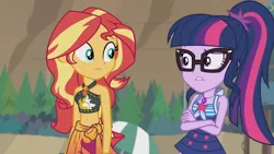 Size: 3410x1920 | Tagged: safe, derpibooru import, screencap, sci-twi, sunset shimmer, twilight sparkle, equestria girls, equestria girls series, unsolved selfie mysteries, armpits, belly button, clothes, crossed arms, female, geode of empathy, geode of telekinesis, glasses, high res, image, jewelry, jpeg, magical geodes, necklace, one-piece swimsuit, open mouth, ponytail, swimsuit