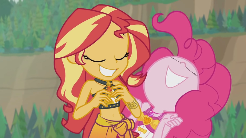 Size: 3410x1920 | Tagged: safe, derpibooru import, screencap, pinkie pie, sunset shimmer, equestria girls, equestria girls series, unsolved selfie mysteries, belly button, clothes, eyes closed, female, geode of empathy, geode of sugar bombs, grin, high res, image, jewelry, jpeg, magical geodes, necklace, nose in the air, one-piece swimsuit, smiling, swimsuit