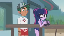 Size: 3410x1920 | Tagged: safe, derpibooru import, screencap, sci-twi, timber spruce, twilight sparkle, equestria girls, equestria girls series, unsolved selfie mysteries, clothes, female, geode of telekinesis, glasses, high res, image, jewelry, jpeg, lifeguard timber, magical geodes, male, necklace, one-piece swimsuit, ponytail, swimsuit