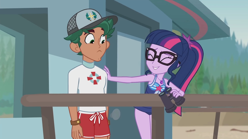 Size: 3410x1920 | Tagged: safe, derpibooru import, screencap, sci-twi, timber spruce, twilight sparkle, equestria girls, equestria girls series, unsolved selfie mysteries, clothes, eyes closed, female, geode of telekinesis, glasses, high res, image, jewelry, jpeg, lifeguard timber, magical geodes, male, necklace, one-piece swimsuit, ponytail, smiling, swimsuit