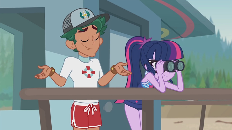 Size: 3410x1920 | Tagged: safe, derpibooru import, screencap, sci-twi, timber spruce, twilight sparkle, equestria girls, equestria girls series, unsolved selfie mysteries, clothes, eyes closed, female, glasses, high res, image, jewelry, jpeg, lifeguard timber, magical geodes, male, necklace, one-piece swimsuit, ponytail, smiling, swimsuit