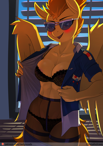 Size: 848x1200 | Tagged: suggestive, artist:chrysalisdraws, derpibooru import, spitfire, anthro, pegasus, abs, belly button, black underwear, blushing, bra, breasts, busty spitfire, clothes, image, lingerie, open mouth, png, sunglasses, underwear, undressing