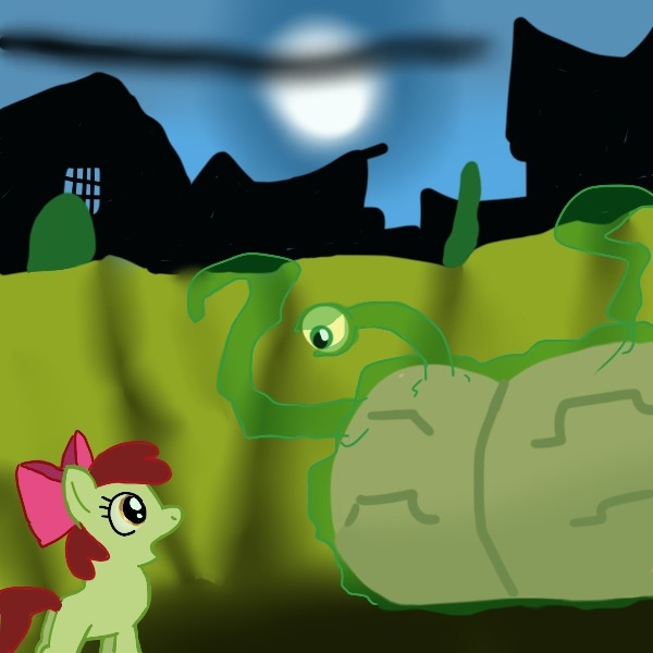 Size: 600x600 | Tagged: safe, artist:kushina13, derpibooru import, apple bloom, earth pony, pony, brain eating meteor, brains!, crater, crossover, duo, female, filly, full moon, house, image, jpeg, looking at each other, moon, night, open mouth, outdoors, tentacles, the grim adventures of billy and mandy