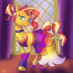 Size: 1280x1280 | Tagged: safe, artist:jitterbugjive, derpibooru import, sunset shimmer, pony, unicorn, arm warmers, choker, clothes, crown, dress, female, hoof shoes, image, jewelry, jpeg, lidded eyes, mare, ponytail, regalia, smiling, solo