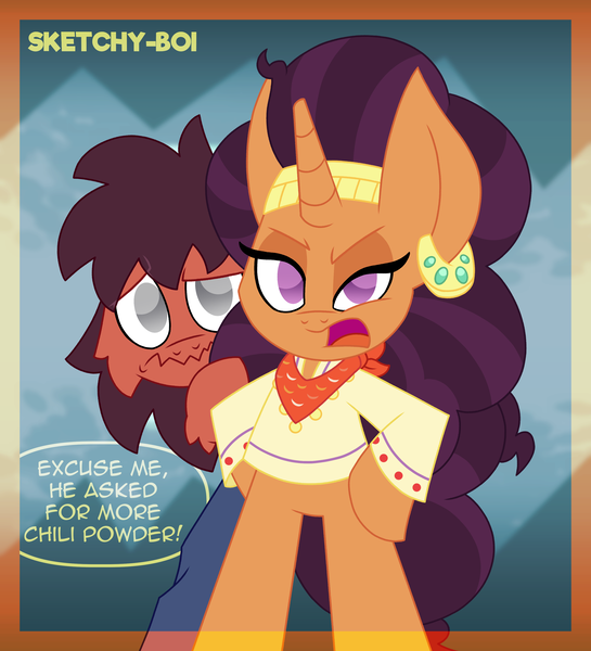 Size: 3000x3300 | Tagged: safe, derpibooru import, saffron masala, oc, oc:sketchy dupe, angry, canon x oc, dialogue, excuse me, image, looking at you, png