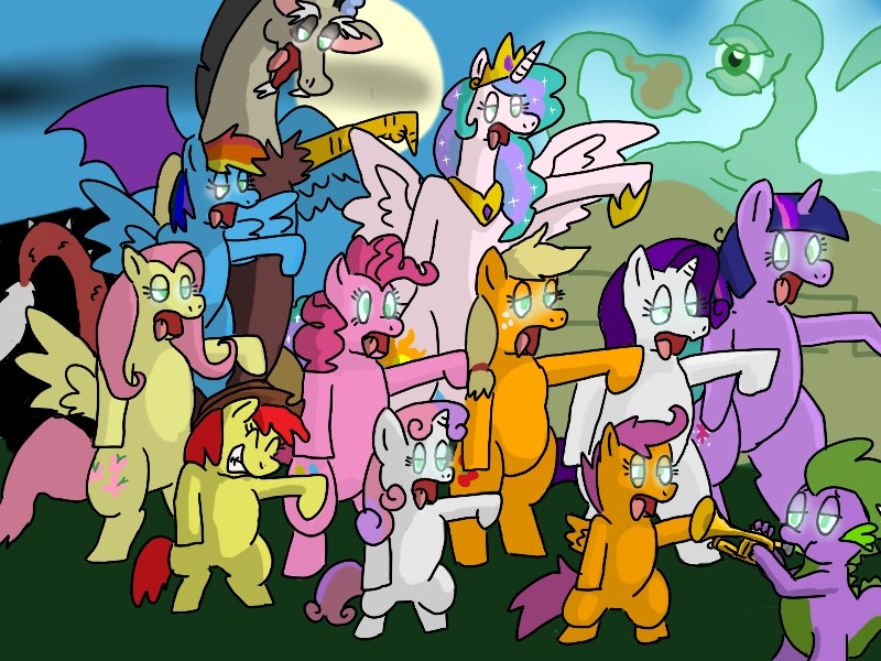 Size: 800x600 | Tagged: safe, artist:kushina13, derpibooru import, apple bloom, applejack, discord, fluttershy, pinkie pie, princess celestia, rainbow dash, rarity, scootaloo, spike, sweetie belle, twilight sparkle, alicorn, draconequus, dragon, earth pony, pegasus, pony, unicorn, applejack's hat, bipedal, brain, brain eating meteor, brainless, brains!, cowboy hat, cross-eyed, crossover, cutie mark crusaders, dancing, eyes closed, female, filly, freckles, full moon, glow, glowing eyes, green eyes, grin, hat, hatless, horns, image, jewelry, jpeg, lidded eyes, male, mane seven, mane six, mare, mind control, missing accessory, moon, musical instrument, night, open mouth, organs, outdoors, playing instrument, regalia, smiling, spread wings, tail, tentacles, the grim adventures of billy and mandy, tongue out, trumpet, voltaire, wings