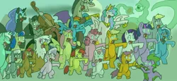 Size: 1280x591 | Tagged: safe, alternate version, artist:kushina13, derpibooru import, apple bloom, applejack, babs seed, bon bon, derpy hooves, diamond tiara, discord, fluttershy, gilda, lyra heartstrings, nightmare moon, octavia melody, pinkie pie, princess celestia, rainbow dash, rarity, scootaloo, silver spoon, spike, sweetie belle, sweetie drops, trixie, twilight sparkle, alicorn, draconequus, dragon, earth pony, gryphon, pegasus, pony, unicorn, alicorn amulet, applejack's hat, bipedal, bow (instrument), bowtie, brain, brain eating meteor, brainless, brains!, cello, cowboy hat, cross-eyed, crossover, cutie mark crusaders, dancing, eyes closed, female, filly, freckles, full moon, glow, glowing eyes, green eyes, grin, hat, hatless, helmet, hoof hold, horns, image, jewelry, jpeg, lidded eyes, male, mane seven, mane six, mind control, missing accessory, moon, musical instrument, night, open mouth, organs, outdoors, playing instrument, red eyes, regalia, smiling, spread wings, tail, tentacles, the grim adventures of billy and mandy, tiara, tongue out, trumpet, voltaire, wings