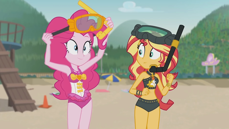 Size: 3410x1920 | Tagged: safe, derpibooru import, screencap, pinkie pie, sunset shimmer, equestria girls, equestria girls series, unsolved selfie mysteries, beach, beach shorts swimsuit, belly button, clothes, female, geode of empathy, geode of sugar bombs, goggles, high res, image, jewelry, jpeg, magical geodes, necklace, one-piece swimsuit, smiling, sunset shimmer's beach shorts swimsuit, swimsuit