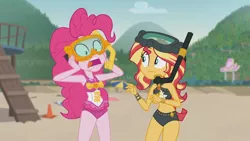 Size: 3410x1920 | Tagged: safe, derpibooru import, screencap, pinkie pie, sunset shimmer, equestria girls, equestria girls series, unsolved selfie mysteries, beach, beach shorts swimsuit, belly button, clothes, female, geode of empathy, geode of sugar bombs, goggles, high res, image, jewelry, jpeg, magical geodes, necklace, one-piece swimsuit, open mouth, sunset shimmer's beach shorts swimsuit, swimsuit