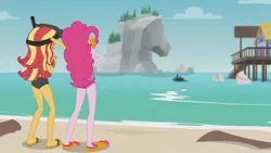 Size: 3410x1920 | Tagged: safe, derpibooru import, screencap, pinkie pie, sunset shimmer, equestria girls, equestria girls series, unsolved selfie mysteries, beach, beach shorts swimsuit, clothes, female, goggles, high res, image, jpeg, one-piece swimsuit, sandals, sunset shimmer's beach shorts swimsuit, swimsuit
