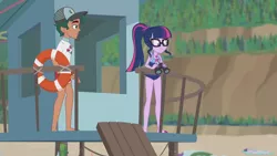 Size: 3410x1920 | Tagged: safe, derpibooru import, screencap, sci-twi, timber spruce, twilight sparkle, equestria girls, equestria girls series, unsolved selfie mysteries, barefoot, beach, clothes, feet, female, geode of telekinesis, glasses, high res, image, jewelry, jpeg, lifeguard timber, magical geodes, male, necklace, one-piece swimsuit, ponytail, sandals, swimsuit