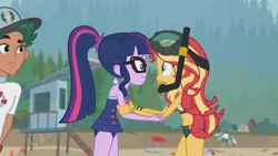 Size: 3410x1920 | Tagged: safe, derpibooru import, screencap, sci-twi, sunset shimmer, timber spruce, twilight sparkle, equestria girls, equestria girls series, unsolved selfie mysteries, beach, beach shorts swimsuit, clothes, female, geode of telekinesis, glasses, goggles, high res, image, jewelry, jpeg, lifeguard timber, magical geodes, male, necklace, one-piece swimsuit, open mouth, ponytail, sunset shimmer's beach shorts swimsuit, swimsuit, trio