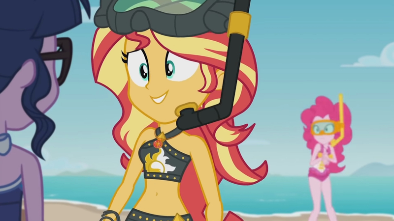 Size: 3410x1920 | Tagged: safe, derpibooru import, screencap, pinkie pie, sci-twi, sunset shimmer, twilight sparkle, equestria girls, equestria girls series, unsolved selfie mysteries, beach, beach shorts swimsuit, belly button, clothes, cute, female, geode of empathy, geode of sugar bombs, glasses, goggles, high res, image, jewelry, jpeg, magical geodes, necklace, one-piece swimsuit, ponytail, shimmerbetes, smiling, sunset shimmer's beach shorts swimsuit, swimsuit