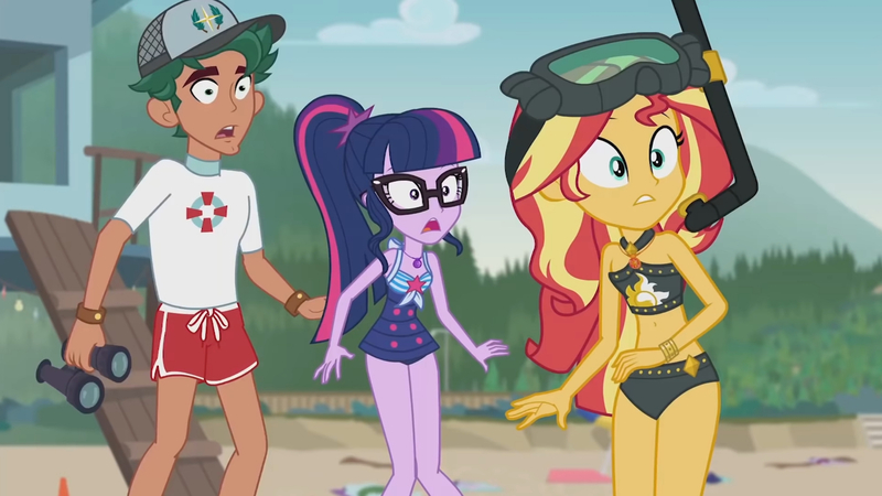 Size: 3410x1920 | Tagged: safe, derpibooru import, screencap, sci-twi, sunset shimmer, timber spruce, twilight sparkle, equestria girls, equestria girls series, unsolved selfie mysteries, beach, beach shorts swimsuit, belly button, clothes, female, geode of empathy, geode of telekinesis, glasses, goggles, high res, image, jewelry, jpeg, lifeguard timber, magical geodes, male, necklace, one-piece swimsuit, open mouth, sunset shimmer's beach shorts swimsuit, swimsuit