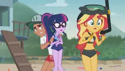 Size: 3410x1920 | Tagged: safe, derpibooru import, screencap, sci-twi, sunset shimmer, timber spruce, twilight sparkle, equestria girls, equestria girls series, unsolved selfie mysteries, beach, beach shorts swimsuit, belly button, clothes, female, geode of empathy, geode of telekinesis, glasses, goggles, high res, image, jewelry, jpeg, lifeguard timber, magical geodes, male, necklace, one-piece swimsuit, open mouth, sunset shimmer's beach shorts swimsuit, swimsuit