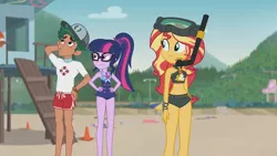 Size: 3410x1920 | Tagged: safe, derpibooru import, screencap, sci-twi, sunset shimmer, timber spruce, twilight sparkle, equestria girls, equestria girls series, unsolved selfie mysteries, :/, arm behind head, beach, beach shorts swimsuit, belly button, blushing, clothes, diving goggles, female, geode of empathy, geode of telekinesis, glasses, goggles, hand on hip, high res, image, jewelry, jpeg, lifeguard timber, magical geodes, male, necklace, puckered lips, snorkel, sunset shimmer's beach shorts swimsuit, swimsuit, twilight is not amused, unamused, whistling