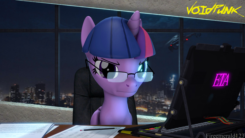 Size: 3840x2160 | Tagged: safe, artist:fireemerald123, derpibooru import, twilight sparkle, twilight sparkle (alicorn), alicorn, 3d, city, cityscape, computer, equestrian trade association (eta), glasses, helicopter, image, jpeg, night, office, pencil, source filmmaker, void punk, watermark, window