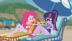 Size: 3410x1920 | Tagged: safe, derpibooru import, screencap, pinkie pie, sci-twi, twilight sparkle, equestria girls, equestria girls series, friendship math, barefoot, beach, book, clothes, feet, female, geode of sugar bombs, geode of telekinesis, glasses, high res, image, jewelry, jpeg, lounge chair, magazine, magazine cover, magical geodes, necklace, one-piece swimsuit, open mouth, ponytail, sandals, smiling, swimsuit