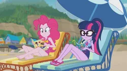 Size: 3410x1920 | Tagged: safe, derpibooru import, screencap, pinkie pie, sci-twi, twilight sparkle, equestria girls, equestria girls series, friendship math, barefoot, beach, book, clothes, feet, female, geode of sugar bombs, geode of telekinesis, glasses, high res, image, jewelry, jpeg, lounge chair, magazine, magazine cover, magical geodes, necklace, one-piece swimsuit, ponytail, sandals, smiling, swimsuit