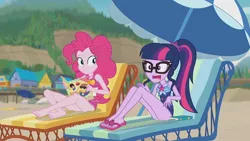 Size: 3410x1920 | Tagged: safe, derpibooru import, screencap, pinkie pie, sci-twi, twilight sparkle, equestria girls, equestria girls series, friendship math, barefoot, beach, book, clothes, feet, female, geode of sugar bombs, geode of telekinesis, glasses, high res, image, jewelry, jpeg, lounge chair, magazine, magazine cover, magical geodes, necklace, one-piece swimsuit, open mouth, ponytail, sandals, smiling, swimsuit