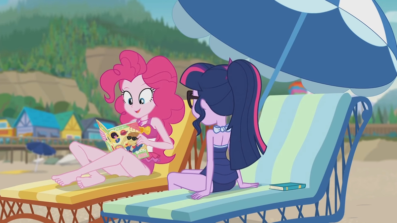 Size: 3410x1920 | Tagged: safe, derpibooru import, screencap, pinkie pie, sci-twi, twilight sparkle, equestria girls, equestria girls series, friendship math, bare shoulders, barefoot, beach, book, clothes, feet, female, geode of sugar bombs, glasses, high res, image, jewelry, jpeg, lounge chair, magazine, magazine cover, magical geodes, necklace, one-piece swimsuit, open mouth, ponytail, sleeveless, smiling, swimsuit