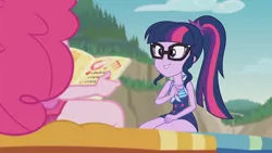 Size: 3410x1920 | Tagged: safe, derpibooru import, screencap, pinkie pie, sci-twi, twilight sparkle, equestria girls, equestria girls series, friendship math, beach, book, clothes, female, glasses, high res, image, jewelry, jpeg, lounge chair, magazine, necklace, one-piece swimsuit, ponytail, smiling, swimsuit