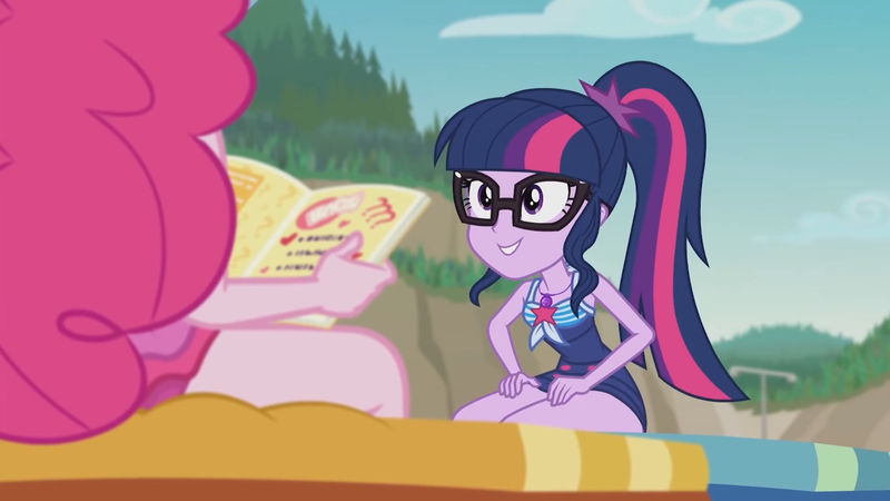Size: 3410x1920 | Tagged: safe, derpibooru import, screencap, pinkie pie, sci-twi, twilight sparkle, equestria girls, equestria girls series, friendship math, beach, book, clothes, female, geode of telekinesis, glasses, high res, image, jewelry, jpeg, lounge chair, magazine, magical geodes, necklace, one-piece swimsuit, ponytail, smiling, swimsuit