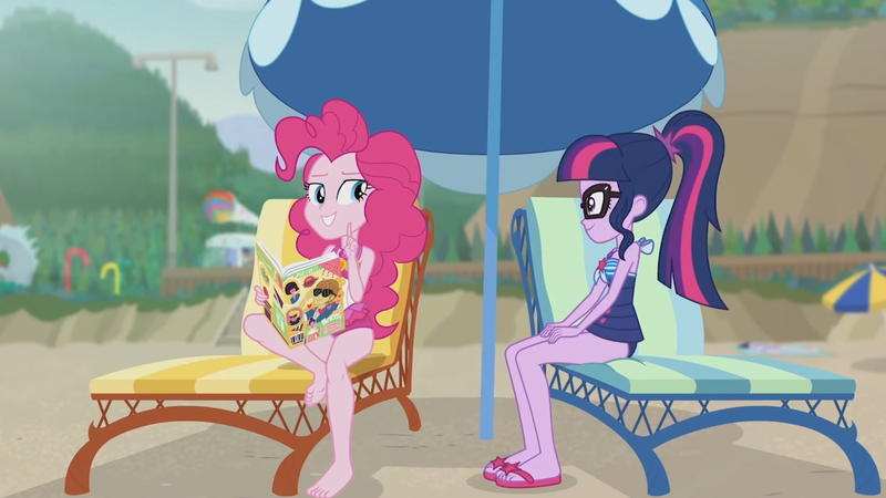 Size: 3410x1920 | Tagged: safe, derpibooru import, screencap, pinkie pie, sci-twi, twilight sparkle, equestria girls, equestria girls series, friendship math, barefoot, beach, book, clothes, feet, female, geode of sugar bombs, geode of telekinesis, glasses, high res, image, jewelry, jpeg, lounge chair, magazine, magazine cover, magical geodes, necklace, one-piece swimsuit, ponytail, sandals, smiling, swimsuit