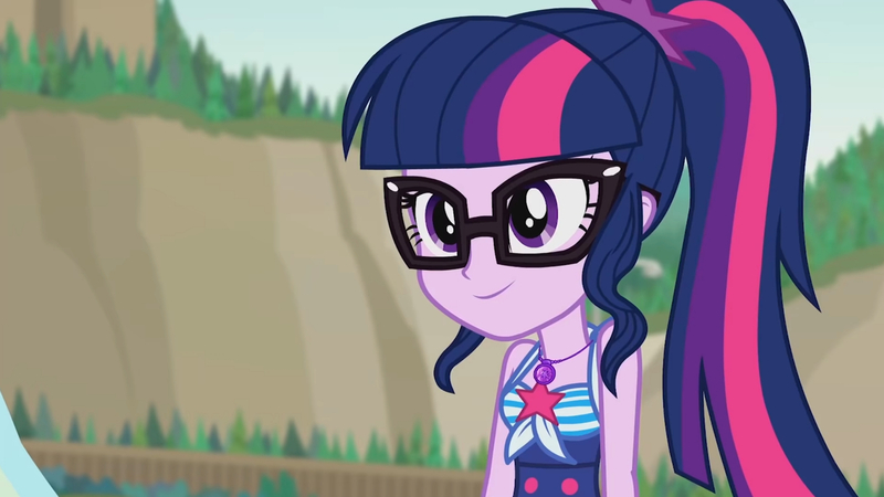 Size: 3410x1920 | Tagged: safe, derpibooru import, screencap, sci-twi, twilight sparkle, equestria girls, equestria girls series, friendship math, bare shoulders, beach, cute, female, geode of telekinesis, glasses, high res, image, jewelry, jpeg, magical geodes, necklace, ponytail, sleeveless, smiling, solo, twiabetes