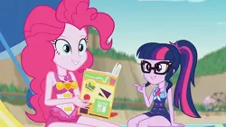 Size: 3410x1920 | Tagged: safe, derpibooru import, screencap, pinkie pie, sci-twi, twilight sparkle, equestria girls, equestria girls series, friendship math, beach, book, clothes, female, geode of sugar bombs, geode of telekinesis, glasses, high res, image, jewelry, jpeg, lounge chair, magazine, magazine cover, magical geodes, necklace, one-piece swimsuit, ponytail, smiling, swimsuit