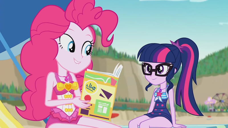 Size: 3410x1920 | Tagged: safe, derpibooru import, screencap, pinkie pie, sci-twi, twilight sparkle, equestria girls, equestria girls series, friendship math, beach, book, clothes, female, geode of sugar bombs, geode of telekinesis, glasses, high res, image, jewelry, jpeg, lip bite, lounge chair, magazine, magazine cover, magical geodes, necklace, one-piece swimsuit, ponytail, smiling, swimsuit