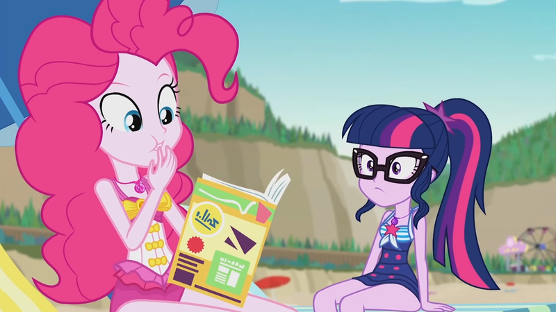 Size: 3410x1920 | Tagged: safe, derpibooru import, screencap, pinkie pie, sci-twi, twilight sparkle, equestria girls, equestria girls series, friendship math, beach, book, clothes, female, geode of sugar bombs, geode of telekinesis, glasses, high res, image, jewelry, jpeg, lounge chair, magazine, magazine cover, magical geodes, necklace, one-piece swimsuit, ponytail, smiling, swimsuit