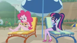 Size: 3410x1920 | Tagged: safe, derpibooru import, screencap, pinkie pie, sci-twi, twilight sparkle, equestria girls, equestria girls series, friendship math, barefoot, beach, book, clothes, feet, female, geode of telekinesis, glasses, high res, image, jewelry, jpeg, lounge chair, magazine, magazine cover, magical geodes, necklace, one-piece swimsuit, ponytail, sandals, smiling, swimsuit