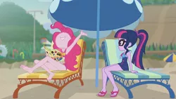Size: 3410x1920 | Tagged: safe, derpibooru import, screencap, pinkie pie, sci-twi, twilight sparkle, equestria girls, equestria girls series, friendship math, armpits, bare shoulders, barefoot, beach, book, clothes, feet, female, geode of sugar bombs, geode of telekinesis, glasses, high res, image, jewelry, jpeg, lounge chair, magazine, magazine cover, magical geodes, necklace, nose in the air, one-piece swimsuit, ponytail, sandals, sleeveless, smiling, swimsuit