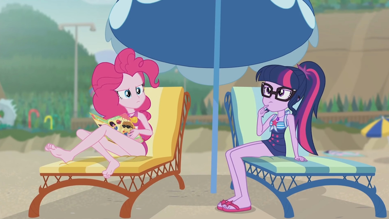 Size: 3410x1920 | Tagged: safe, derpibooru import, screencap, pinkie pie, sci-twi, twilight sparkle, equestria girls, equestria girls series, friendship math, barefoot, beach, book, clothes, feet, female, geode of sugar bombs, geode of telekinesis, glasses, high res, image, jewelry, jpeg, lounge chair, magazine, magazine cover, magical geodes, necklace, one-piece swimsuit, ponytail, sandals, swimsuit