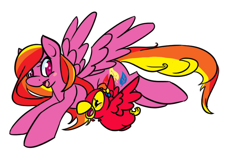 Size: 796x522 | Tagged: safe, artist:kittyarts, derpibooru import, feathermay, bird, parrot, pegasus, pony, 30 minute art challenge, blush sticker, blushing, duo, female, flying, image, jpeg, mare, open mouth, simple background, smiling, spread wings, white background, wings