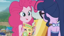 Size: 3410x1920 | Tagged: safe, derpibooru import, screencap, pinkie pie, sci-twi, twilight sparkle, equestria girls, equestria girls series, friendship math, bare shoulders, bareback, beach, book, clothes, cute, diapinkes, female, glasses, high res, image, jewelry, jpeg, lounge chair, magazine, magazine cover, necklace, one-piece swimsuit, open mouth, ponytail, sleeveless, smiling, swimsuit