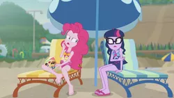 Size: 3410x1920 | Tagged: safe, derpibooru import, screencap, pinkie pie, sci-twi, twilight sparkle, equestria girls, equestria girls series, friendship math, barefoot, beach, book, clothes, feet, female, geode of sugar bombs, geode of telekinesis, glasses, high res, image, jewelry, jpeg, lounge chair, magazine, magazine cover, magical geodes, necklace, one-piece swimsuit, open mouth, ponytail, sandals, swimsuit