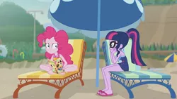 Size: 3410x1920 | Tagged: safe, derpibooru import, screencap, pinkie pie, sci-twi, twilight sparkle, equestria girls, equestria girls series, friendship math, barefoot, beach, book, clothes, feet, female, geode of sugar bombs, geode of telekinesis, glasses, high res, image, jewelry, jpeg, lounge chair, magazine, magazine cover, magical geodes, necklace, one-piece swimsuit, ponytail, sandals, swimsuit